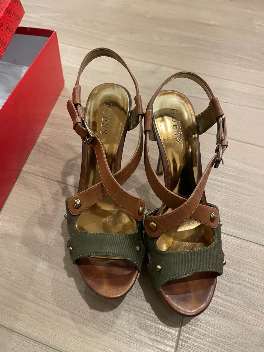 GUESS Brown and Olive Green Studded Slingback Heels